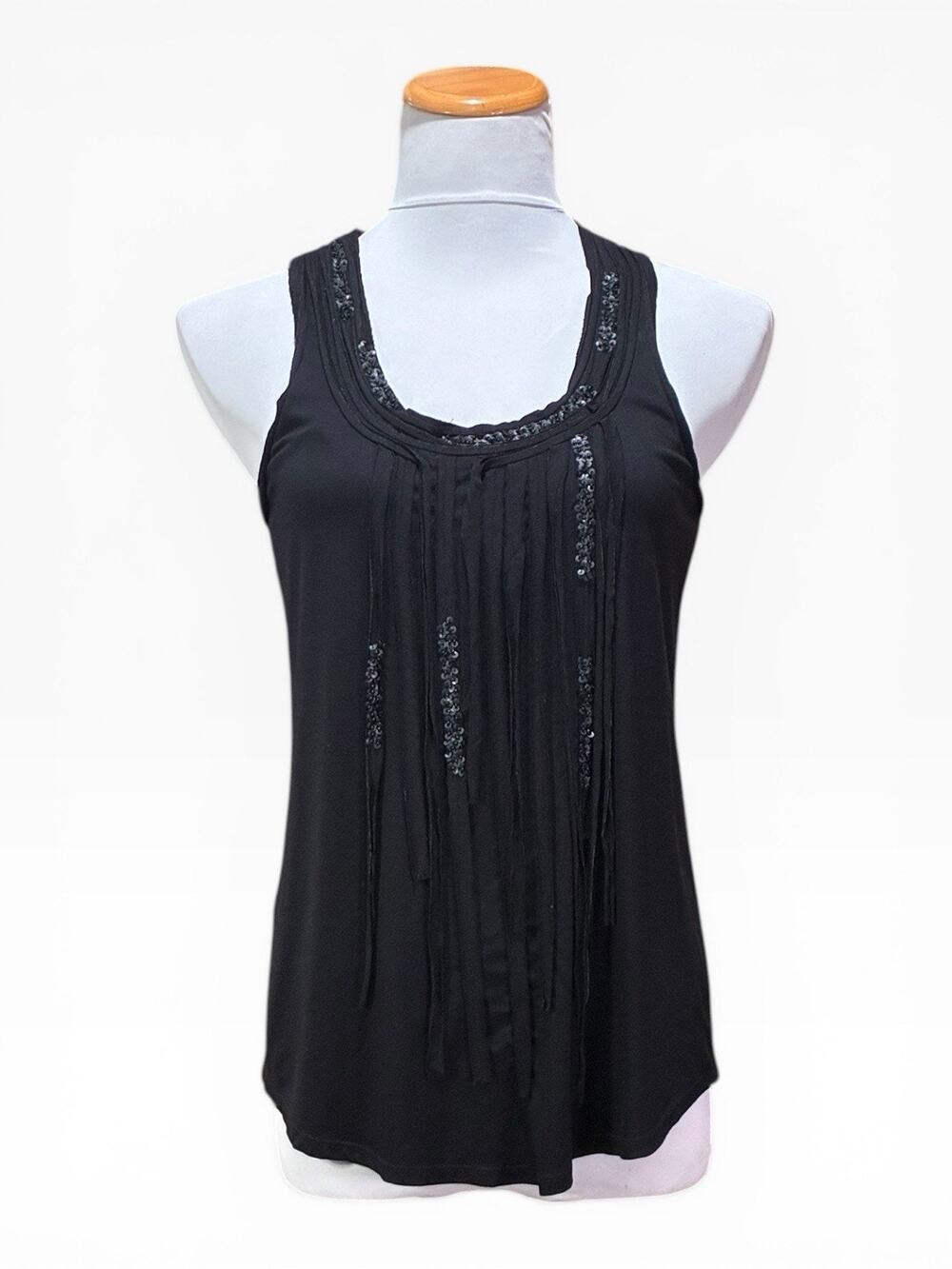 BCBG Black Sleeveless Top, Fringe Front and Back Round Neckline Sequin Detail